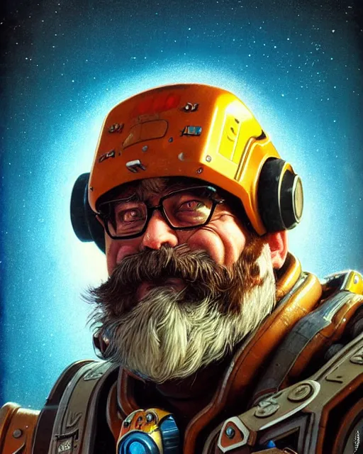 Image similar to torbjorn from overwatch, character portrait, portrait, close up, concept art, intricate details, highly detailed, vintage sci - fi poster, retro future, vintage sci - fi art, in the style of chris foss, rodger dean, moebius, michael whelan, and gustave dore