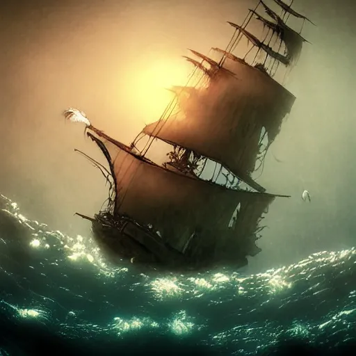 Prompt: ghosts pirate ship underwater by ross tran. movie still, below water