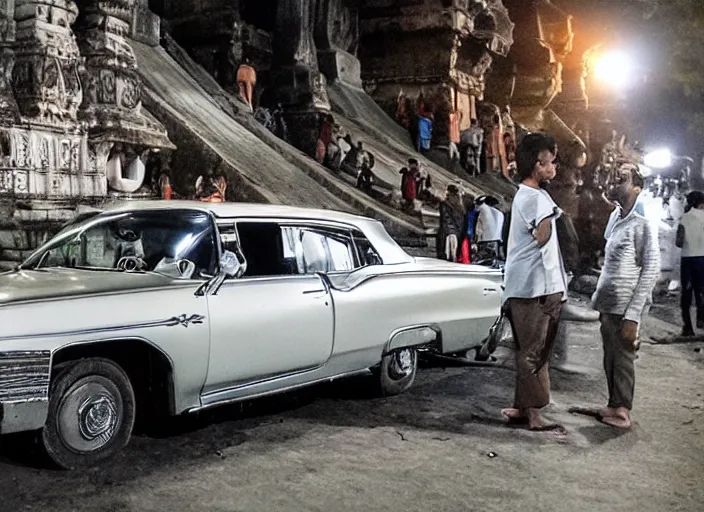 Prompt: a couple are in a chevrolet impala at kamakhya temple, guwahati city ; headlights of a car shine on a strange canyon road, she looks at him with a strange look in her eyes, it's the dead of night, in a distance the lights of a city light the night's sky