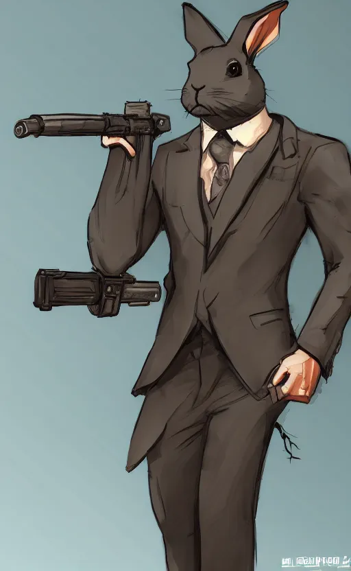 Image similar to rabbit as a hitman, suit and tie, with silenced gun, dynamic lighting, fantasy concept art, trending on art station, stunning visuals, creative, cinematic, ultra detailed, comic strip style