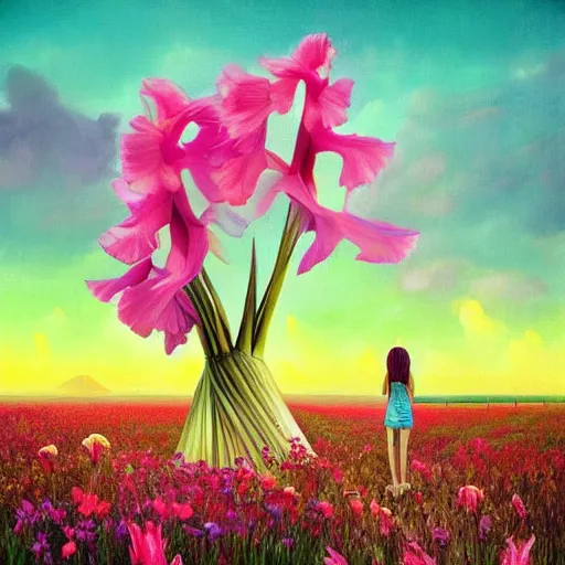 Image similar to giant gladiola flower as head, full body girl standing in a flower field, surreal photography, sunrise, dramatic light, impressionist painting, colorful clouds, digital painting, artstation, simon stalenhag