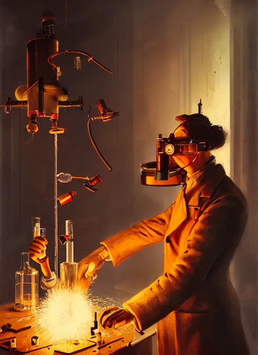 Prompt: scientist performing a explosive experiment by otto dix and greg rutkowski and andreas rocha, cinematic lighting, highly detailed, warm colours, 8 k