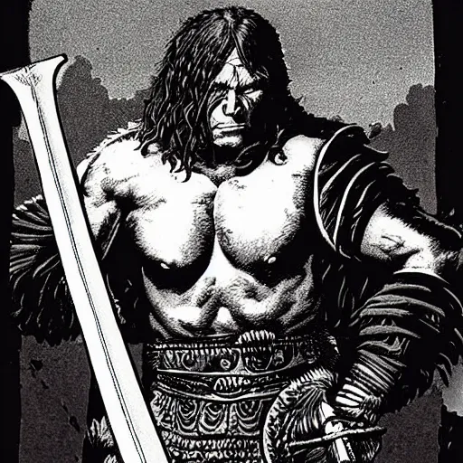 Prompt: barbarian warrior holding sword. Artwork by Richard Corben