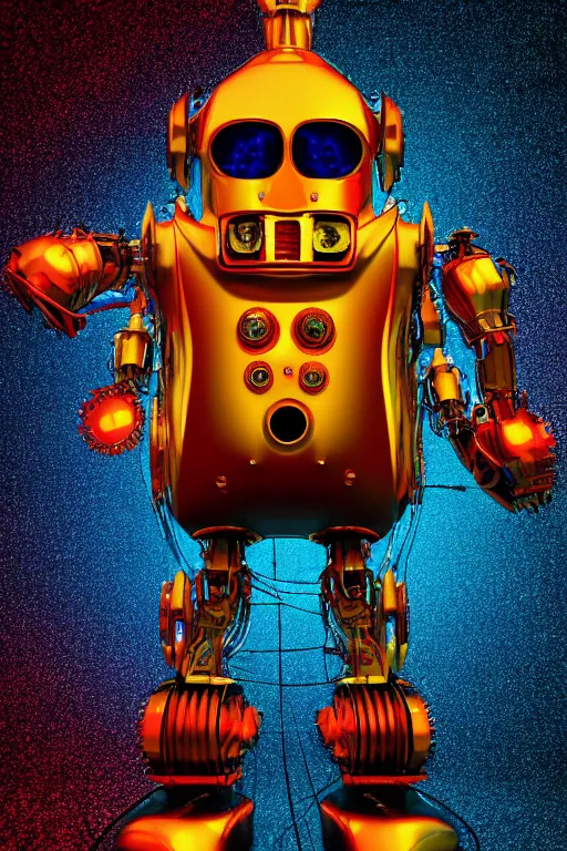 Image similar to portrait photo of a giant huge golden and blue metal futuristic steampunk robot with a red guitar covered with multicolored big gears and tubes, eyes are glowing red lightbulbs, shiny crisp finish, 3 d render, 8 k, insaneley detailed, fluorescent colors, background is multicolored lasershow