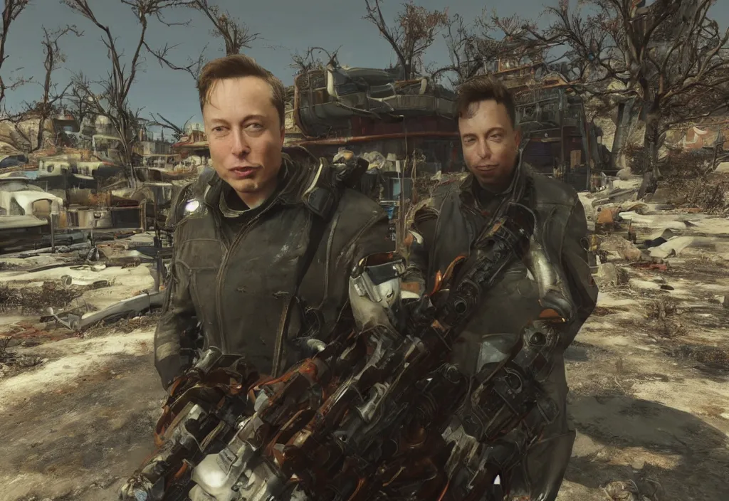 Image similar to elon musk in the video game in fallout 4, apocalyptic wastland, close up, 3 d rendering. unreal engine. amazing likeness. very detailed.