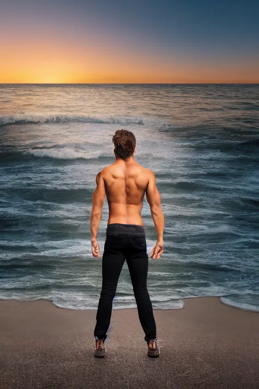 Image similar to a very muscular and defined male teen wearing ripped pants and shirt looking to the sea at sunset, godrays, complementary colors, natural lighting, portait image, path tracing, serene landscape, high quality, highly detailed, 8K, soft colors, warm colors, turbulent sea, high coherence, anatomically correct, hyperrealistic, concept art, defined face, five fingers