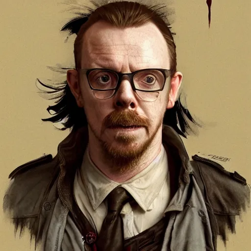 Image similar to portrait of simon pegg in the london of suburbs, winchester rifle, zombie apocalypse, joyful smirk, intricate, elegant, highly detailed, digital painting, artstation, concept art, matte, sharp focus, illustration, art by artgerm and greg rutkowski and alphonse mucha