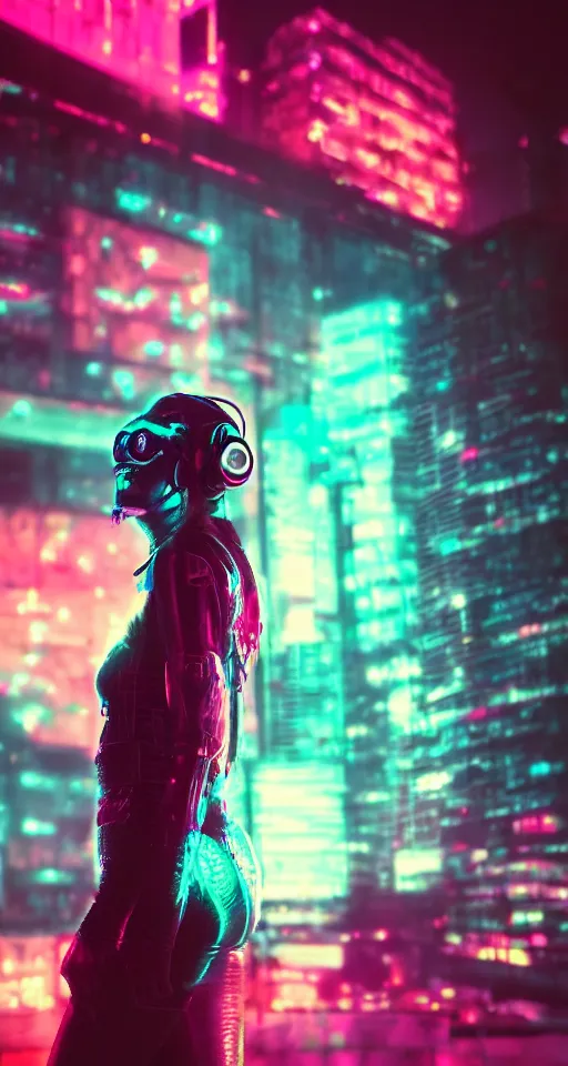 Image similar to cyberpunk women, city, neon lights, glow, sunset, atmospheric, cinematic, retrowave style,