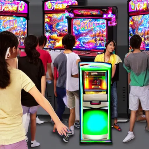 Image similar to a ddr machine with people playing it in the year 1 9 9 9 in japan, photorealistic, ultra realistic, hd, 8 k