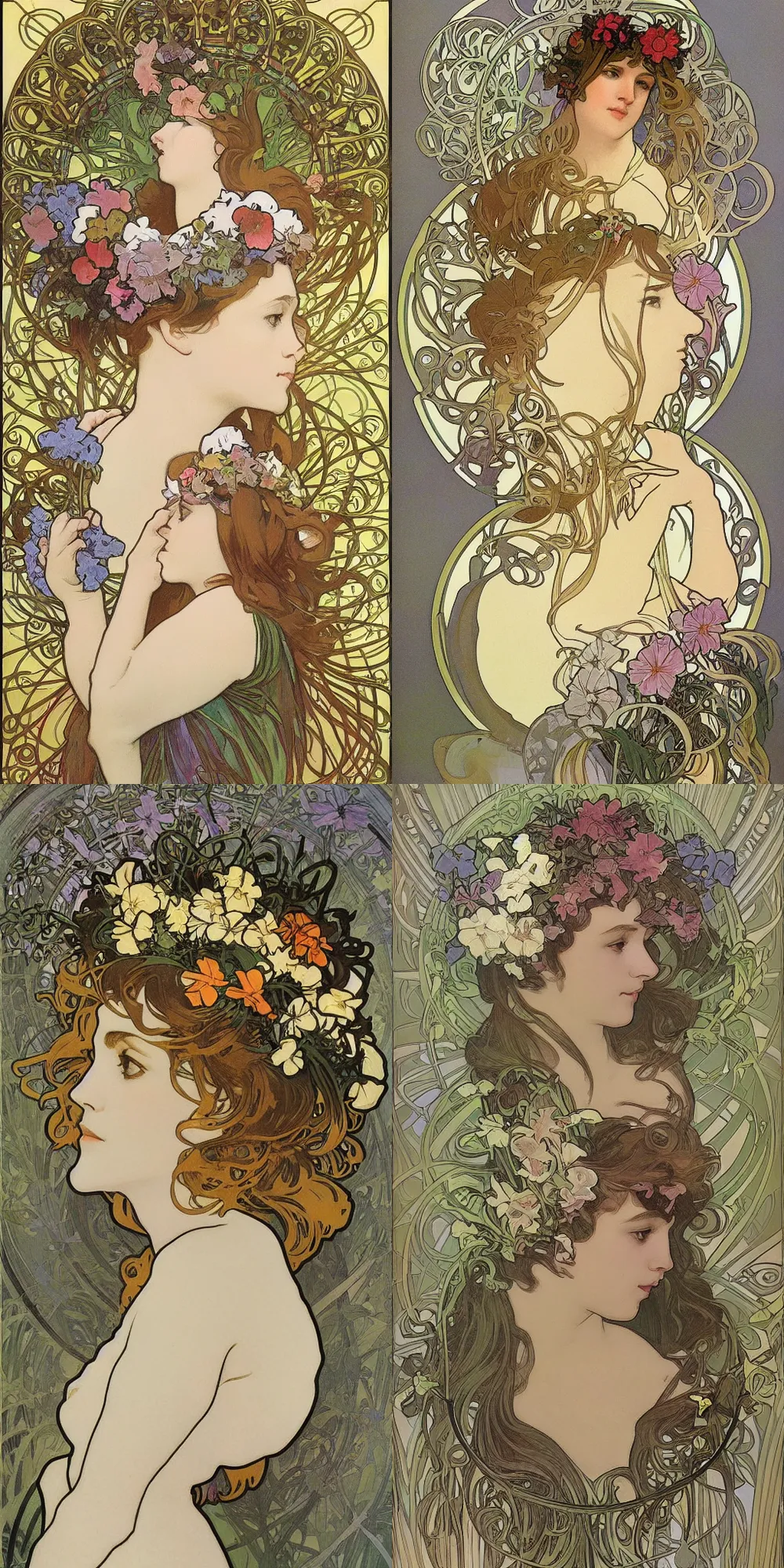 Prompt: long shot, studio light, flower crown, art nouveau by alphonse mucha and maxfield parrish, clean lines