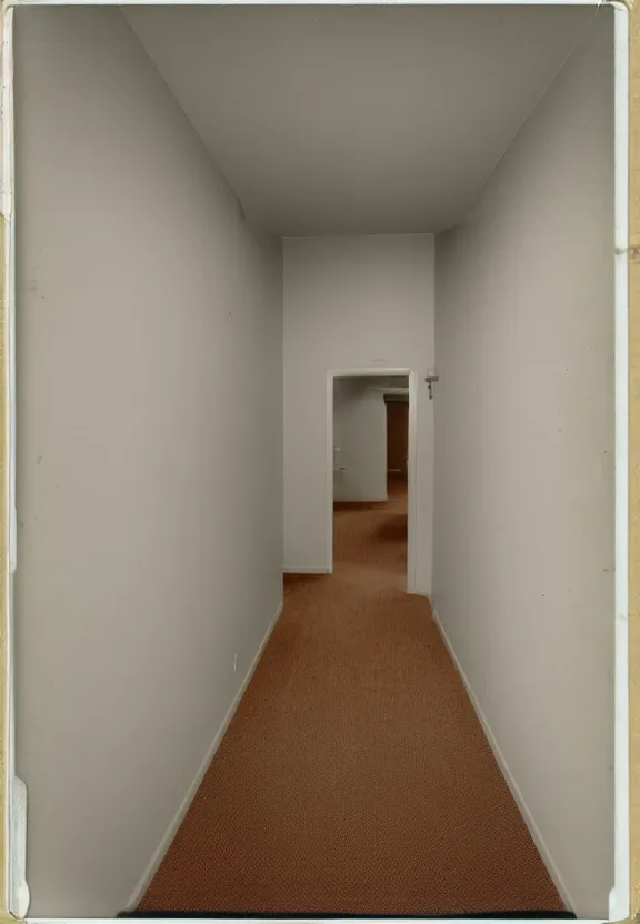 Image similar to a Polaroid photo of an ominous endless space of empty connecting rooms with vanilla colored wallpaper and brown carpet, no windows