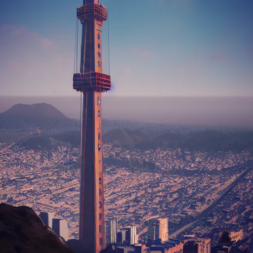 Image similar to sutro tower in san francisco, radio tower, twin peaks, digital art, artstation, octane render