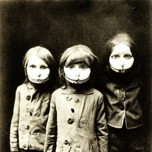 Image similar to portrait of children wearing hobo masks, photograph, style of atget, 1 9 1 0, creepy, dark