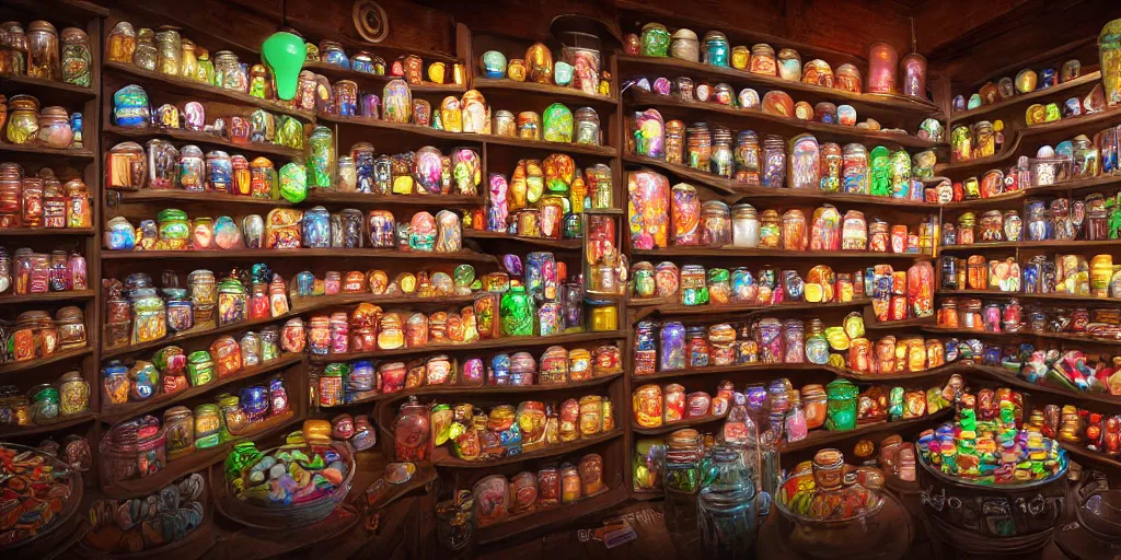 Image similar to Inside an old magical sweet shop, large jars on shelves, beautiful labels, fantasy vendor interior, wide angle, cinematic, highly detailed, photorealistic, rich bright colors, trending on artstation, trending on cgsociety