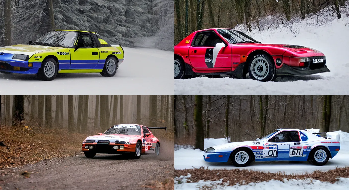 Prompt: a 1 9 8 5 mazda rx - 7 gsl - se, racing through a rally stage in a snowy forest