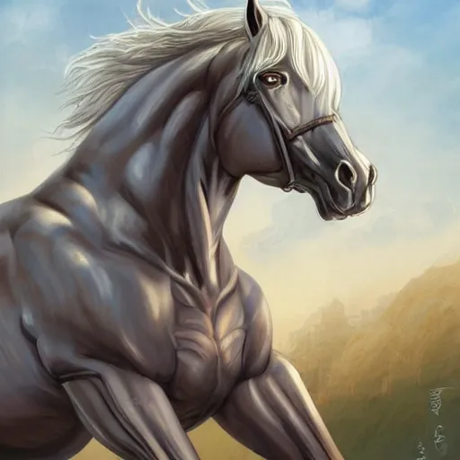 Image similar to a musclebound anthropomorphized horse with a magnificently muscular physique wearing a tight segmented armor while protecting a facility, long white mane, equine, anthro art, furaffinity, highly detailed, digital painting, artstation, sharp focus, concept art, illustration, art by artgerm, greg rutkowski, wlop