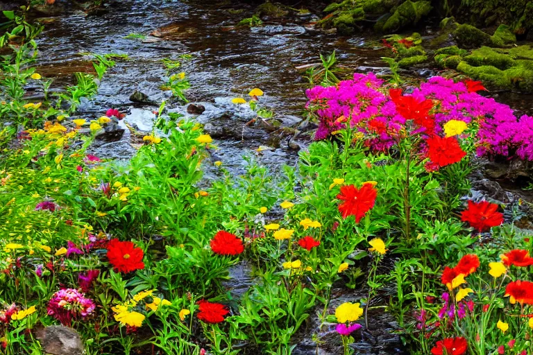 Image similar to colorful flowers growing next to a gentle creek, high resolution