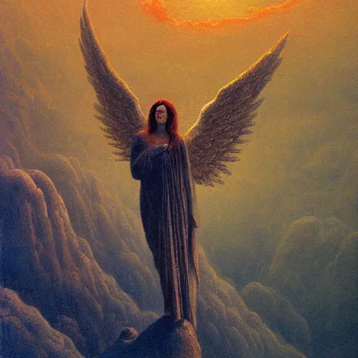 Image similar to a oil painting of a bibical angel over a fantasy valley, 4 k, high detail, by beksinski