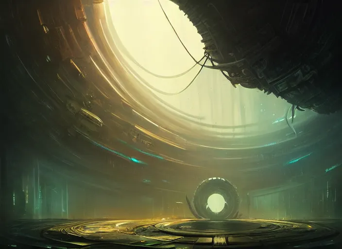 Image similar to a circular portal structure in the centre of an abandoned and overgrown alien city, beautiful curves, sci - fi, fantasy, golden ratio, epic lighting, unusual composition, messy brush strokes, very detailed, 4 k, in the style of blade runner and peter mohrbacher, ominous vibes, harsh lighting