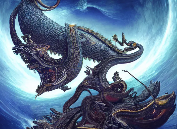 Image similar to vishnu sitting on adishesha the thousand headed universal serpent, floating across the cosmic ocean, digital art, octane render, highly detailed, intricate, by android jones and michael divine