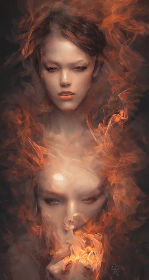 Prompt: a portrait of a beautiful woman with smoke and fire coming out of her eyes, artwork by Stanley Artgerm Lau, a masterpiece