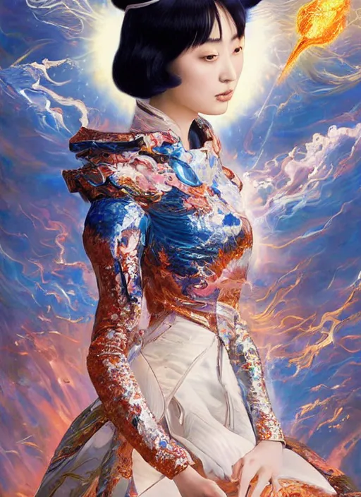 Image similar to portrait of ravishing Japanese Princess Suzu Hirose unleashing a devastating multiversal blazing fireball, wearing futuristic luxurious white and little royal blue details suit, captivating, beautiful look, face anatomy, surreal and allegorical, octane render, art by Karol Bak, Karol bak pastiche