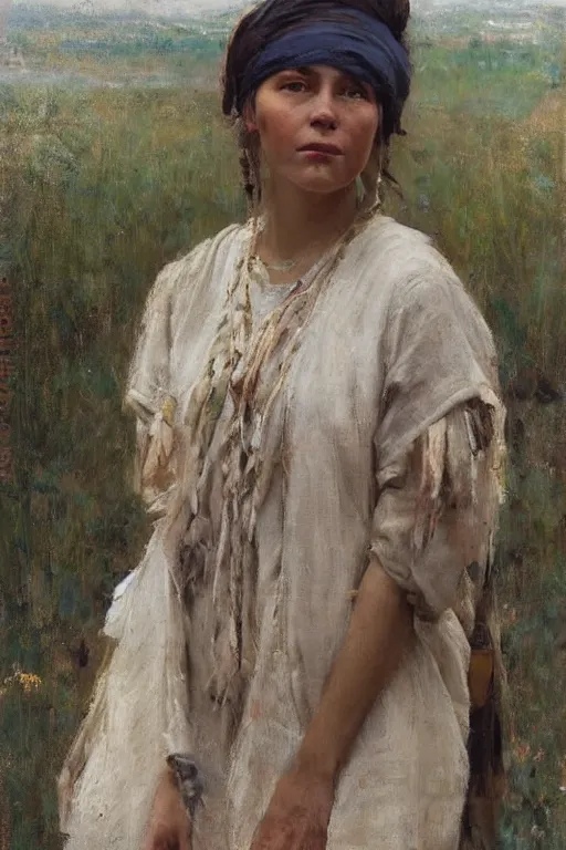 Image similar to Richard Schmid and Jeremy Lipking and Antonio Rotta full length portrait painting of a young beautiful traditonal american indian woman