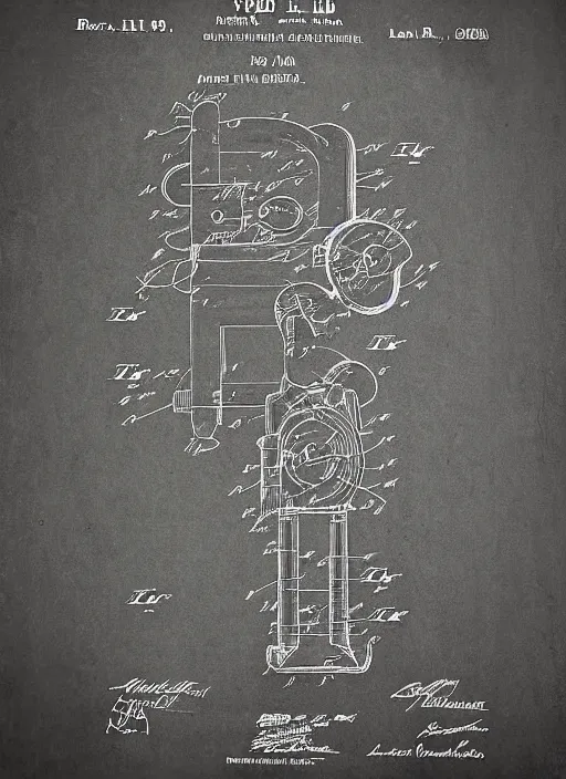 Prompt: patent drawing of a robotic david lynch by leonardo davinci, illustrations, intricate writing, concept art, labels, highly detailed