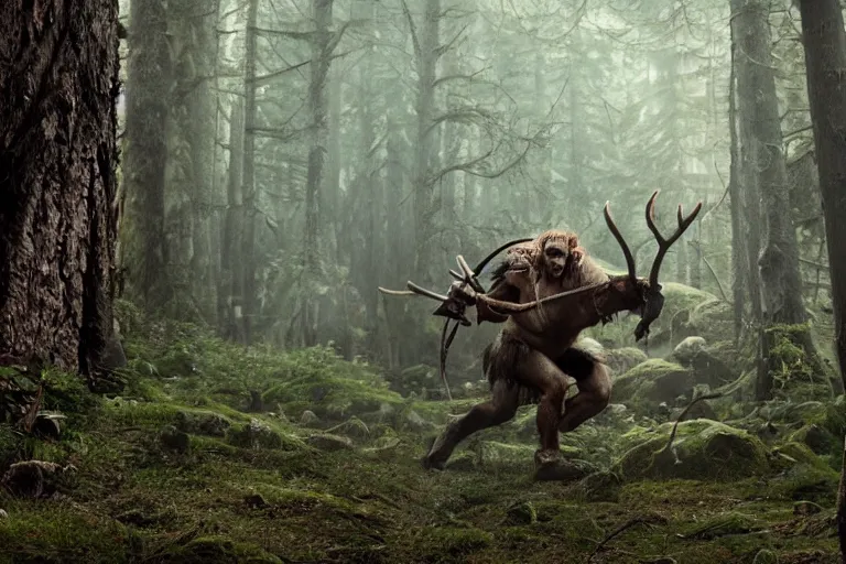 Image similar to vfx movie closeup detailed ancient warrior orc hunting elk in the forest, natural lighting by emmanuel lubezki