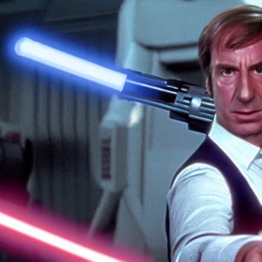 Image similar to A still of Saul Goodman in Star Wars: A New Hope, holding an activated lightsaber, wearing a suit