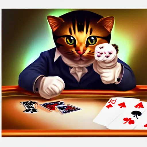 Image similar to man holding a toy cat and a spoon, sitting at a blackjack table, casino, las vegas, digital art, artstation
