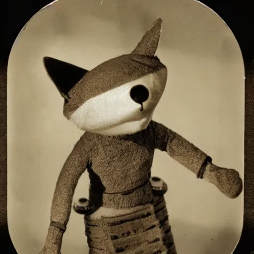 Image similar to anthropomorphic fox multi-jointed puppet who is a medieval knight holding golding coins, 1930s film still