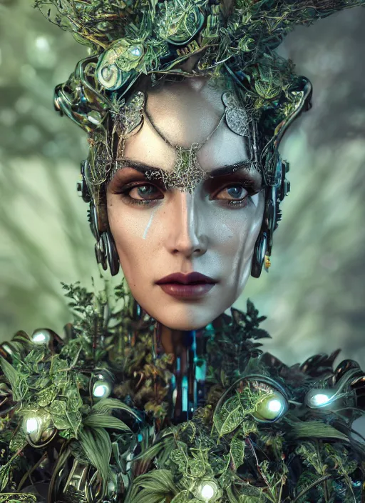 Prompt: beautiful female robot covered by plants and crystals in the mystical forest, beautiful symmetrical face, chrome parts, opal crystals, renaissance style, cyber punk, sci - fi, filigree jewellery, baroque, cinematic light, mystical shadows, 8 k, octane render