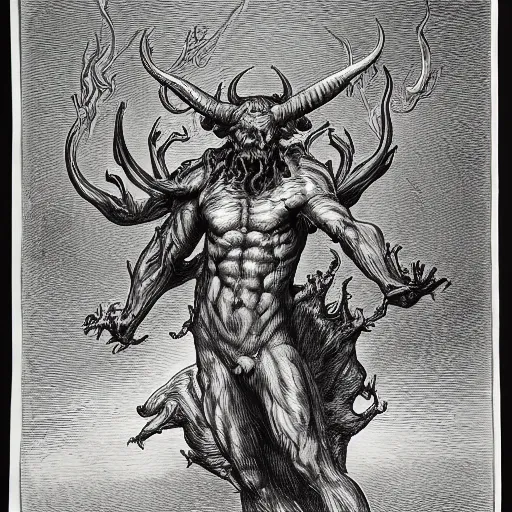 Image similar to full body grayscale drawing by Gustave Dore of horned muscled humanoid demon, engulfed in swirling flames