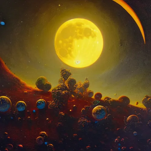 Image similar to lunar eclipse on strange alien planet with craters and unusual plants detailed painting in the style of paul lehr 4 k