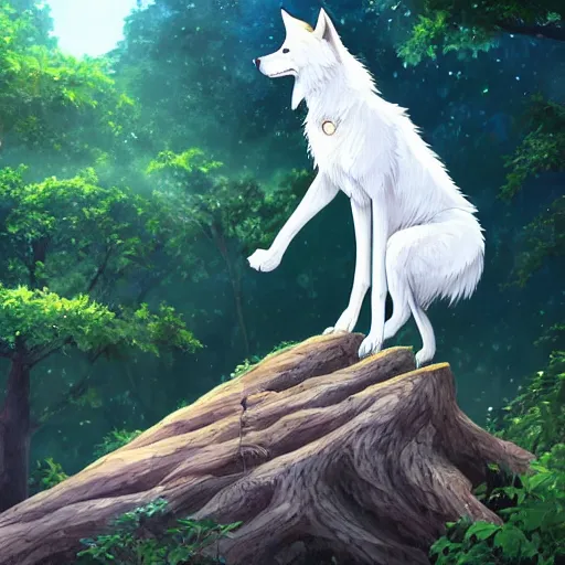 Image similar to highly detailed digital art of a magestic white wolf standing on an overgrown fallen tree trunk, lush surroundings, sunshine, kimi no na wa, trending on artstation, tranquil