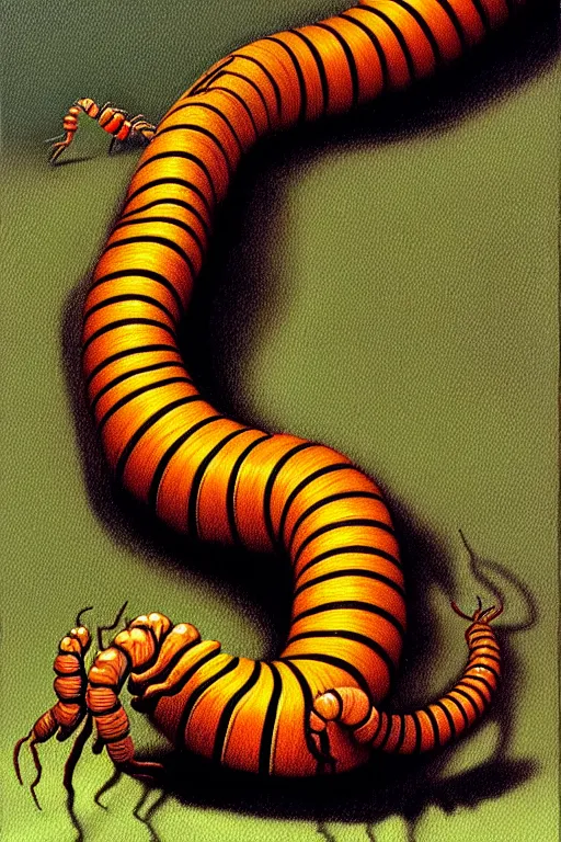 Prompt: a hyperrealistic painting of a freight train sized killer centipede, by chris cunningham and richard corben, highly detailed, vivid color,