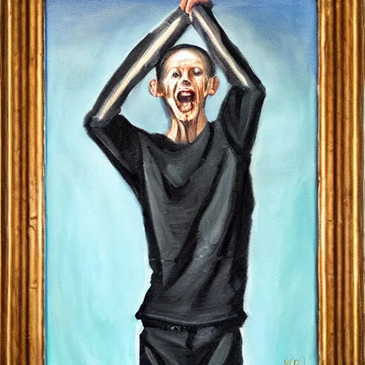 Image similar to skinny prisoner screaming holding prison bars, realism, oil painting