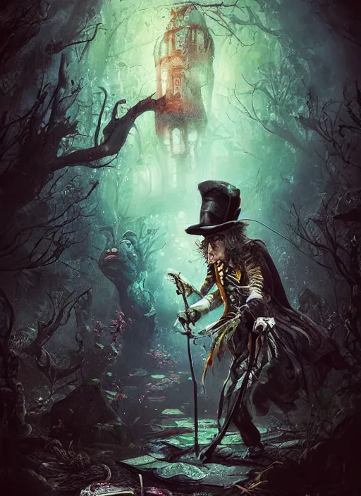 Prompt: mad hatter, call of cthulhu, highly detailed, cinematic, 8 k, by megan duncanson, benjamin lacombe, adrian borda, stanley artgermm, tom bagshaw, craig mullins, carne griffiths, ayami kojima, beksinski, giger, trending on deviantart, hyper detailed, horror, full of colour