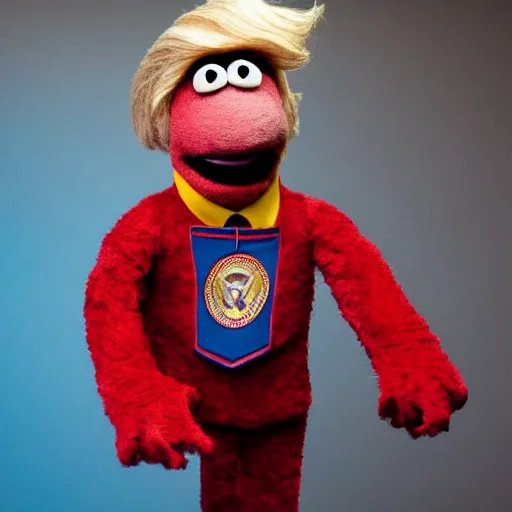 Prompt: trump as a muppet. full body. wearing shorts. in a museum. highly detailed felt. hyper real photo. 4 k