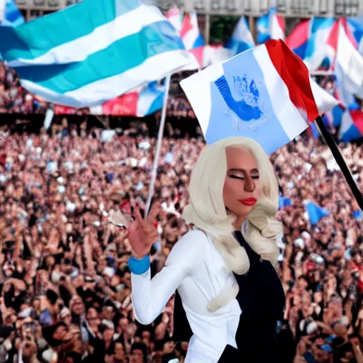 Image similar to Lady Gaga as president, Argentina presidential rally, Argentine flags behind, bokeh, giving a speech, detailed face, Argentina