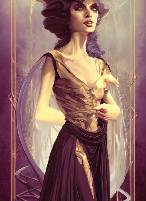 Image similar to tarot!!, high priestess, no noise, elegant, concept art, sharp focus, beautiful face!!, digital art, smooth defined outlines!!, human anatomy, human structure, vector background, dark fantasy, by Brom, trending on Artstation, Tom Bagshaw, Sargent