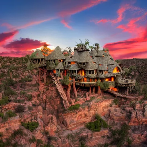 Image similar to fancy treehouse mansion built in a giant cactus on top of plateau overlooking grand canyon at sunset detailed luminescent airbrushed painting 4 k