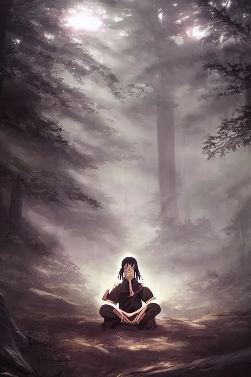 Image similar to photorealistic dark fantasy concept art of Naruto meditating in a forest, dynamic lighting, stunning visuals, realism, cinematic, hyper detailed, ultra detailed, beautiful visuals and sunset