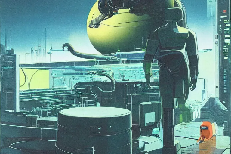 Image similar to 1979 OMNI Magazine Cover depicting a large Android emerging from a vat next to a large power generator. Cyberpunk Akira style by Vincent Di Fate