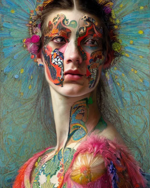 Image similar to a beautiful girl wearing colourful face paint surrounded by colourful intricate patterns, by edgar maxence and caravaggio and michael whelan, intricate painting, hyper realistic, extremely detailed and beautiful aesthetic face, 8 k resolution