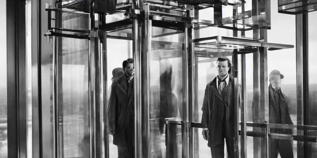 Prompt: a man in a glass elevator, cinematic, vintage future, directed by christopher nolan, atmospheric, 4 0 mm lens