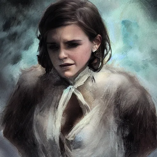 Image similar to Very funny Emma Watson looking like an old monkey, colorful painting on grey scale face, powerful , magic, thunders, dramatic lighting, intricate, wild, highly detailed, digital painting, artstation, concept art, smooth, sharp focus, illustration, art by artgerm and greg rutkowski and alphonse mucha, footage