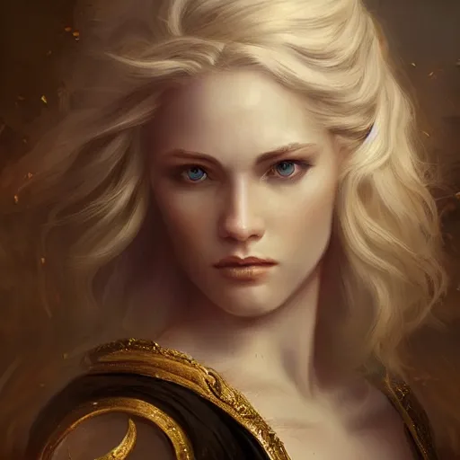 Image similar to a french lady with blonde hair and a beautiful face in a fantasy versailles, symmetric face, hyperrealism, epic fantasy digital art, fantasy style art, by Greg Rutkowski, fantasy magic the gathering card art style