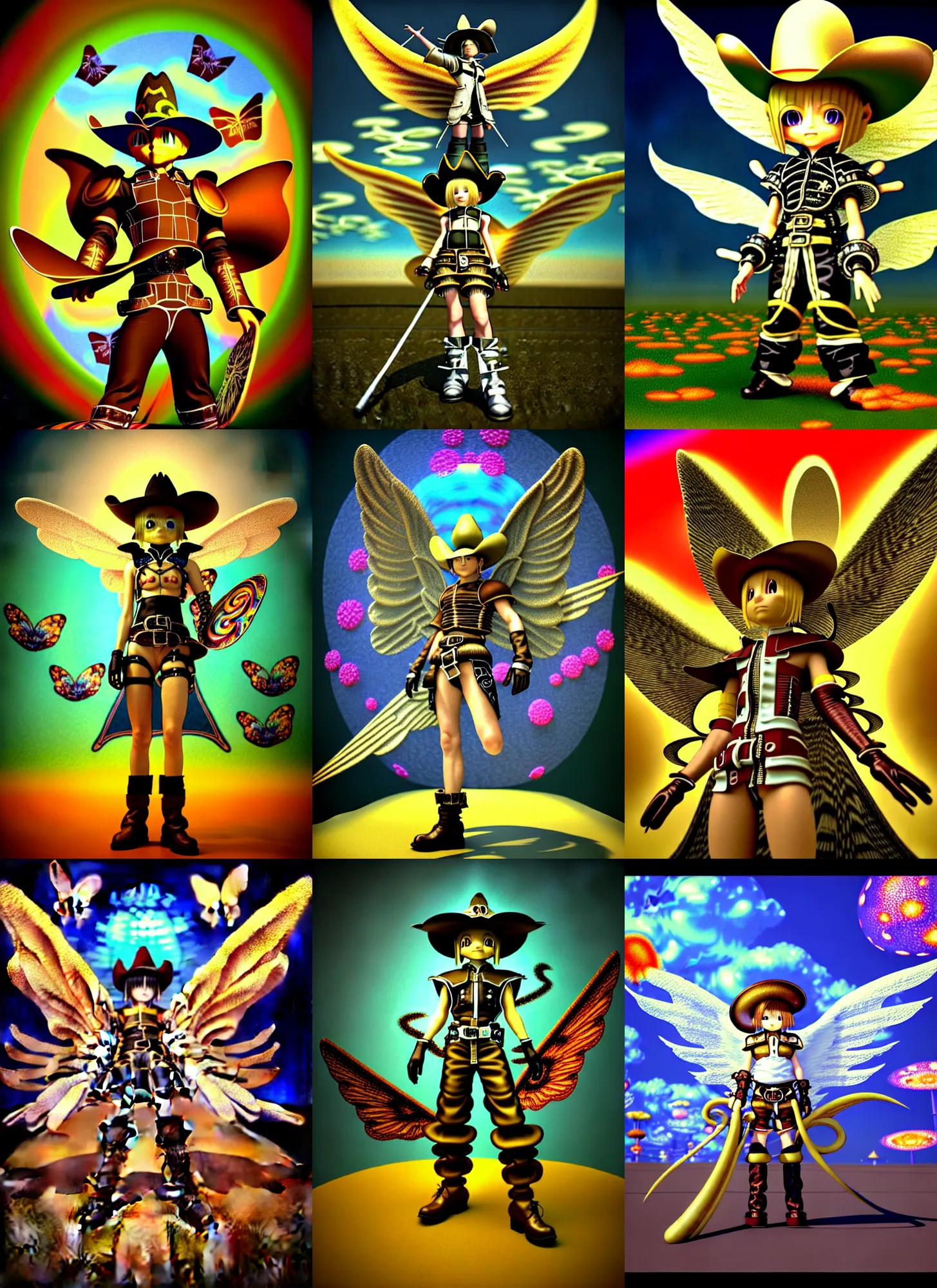 Prompt: vintage cgi 3 d render in the style of micha klein of chibi cyborg knight final fantasy ix by ichiro tanida wearing a big cowboy hat and wearing angel wings in front of a psychedelic swirly background filled 3 d butterflies and 3 d flowers n the style of 1 9 9 0's cg graphics 3 d rendered y 2 k aesthetic by ichiro tanida, 3 d render